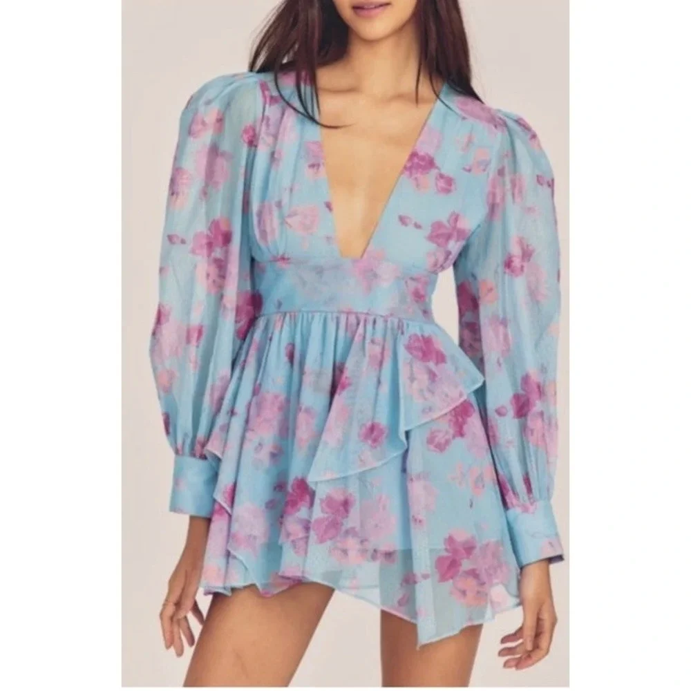LoveShackFancy Blue And Pink Varsha‎ Mini Dress Sz 0 Ocean Reef Cocktail Party - Picture 8 of 8